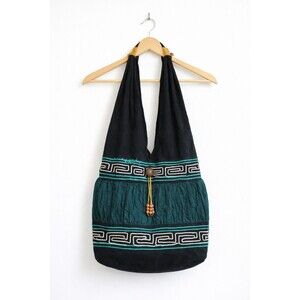 Vintage Boho Halter Hobo Bag Black Teal Embroidered Ethnic Shoulder Tote